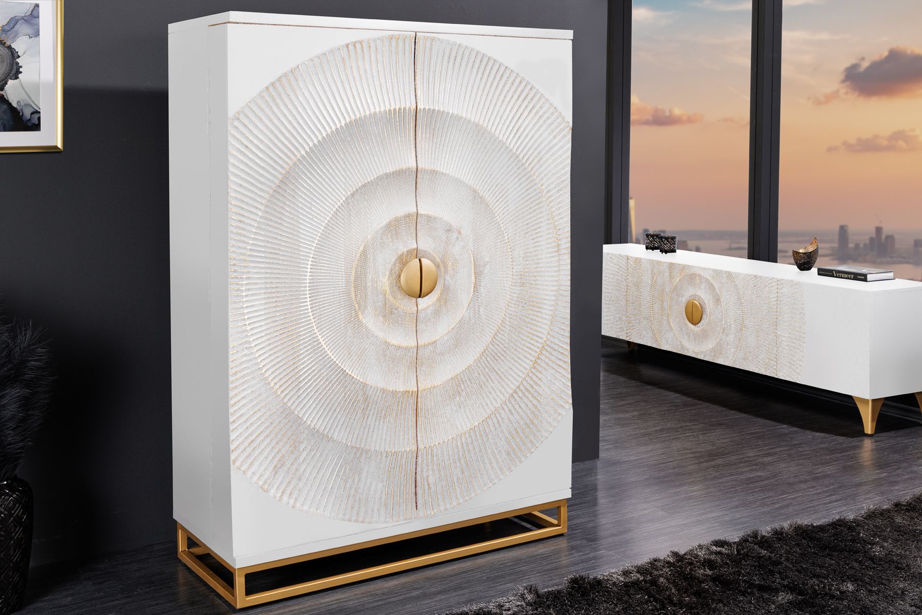 Handgearbeiteter Barschrank GOLDEN SUNSET 140cm weiß gold Mangoholz massiv