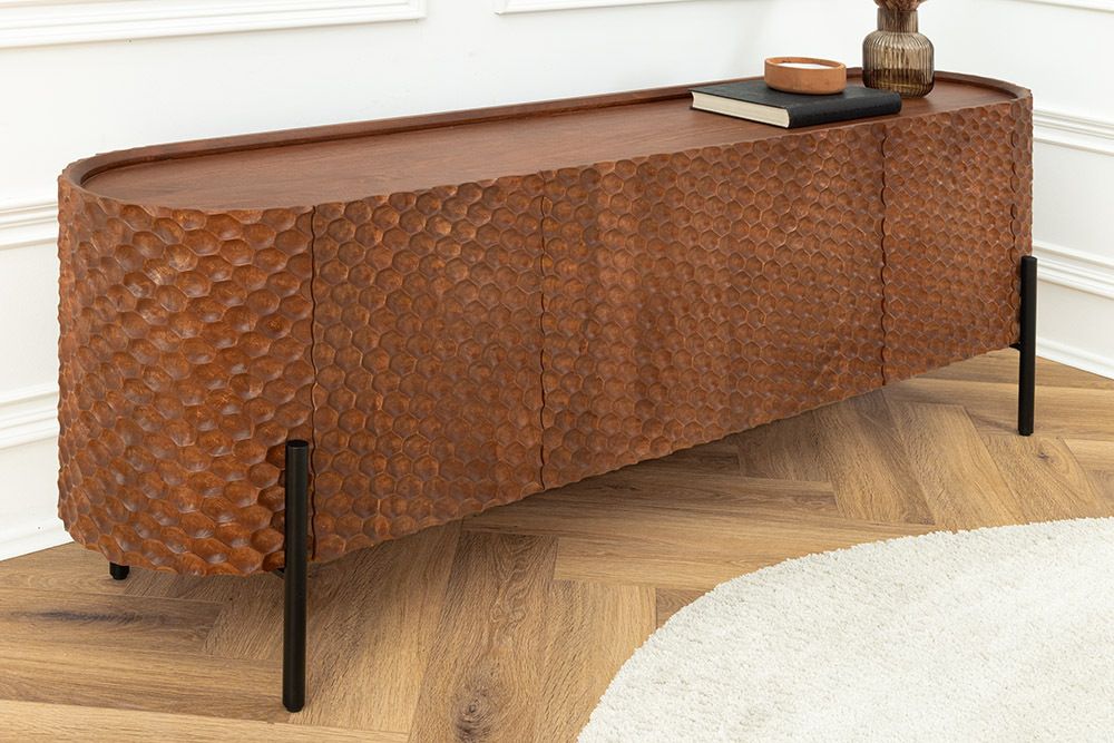 Massives Sideboard ADLON 180cm braun Mangoholz schwarz Metall 3D-Front in Wabenstruktur