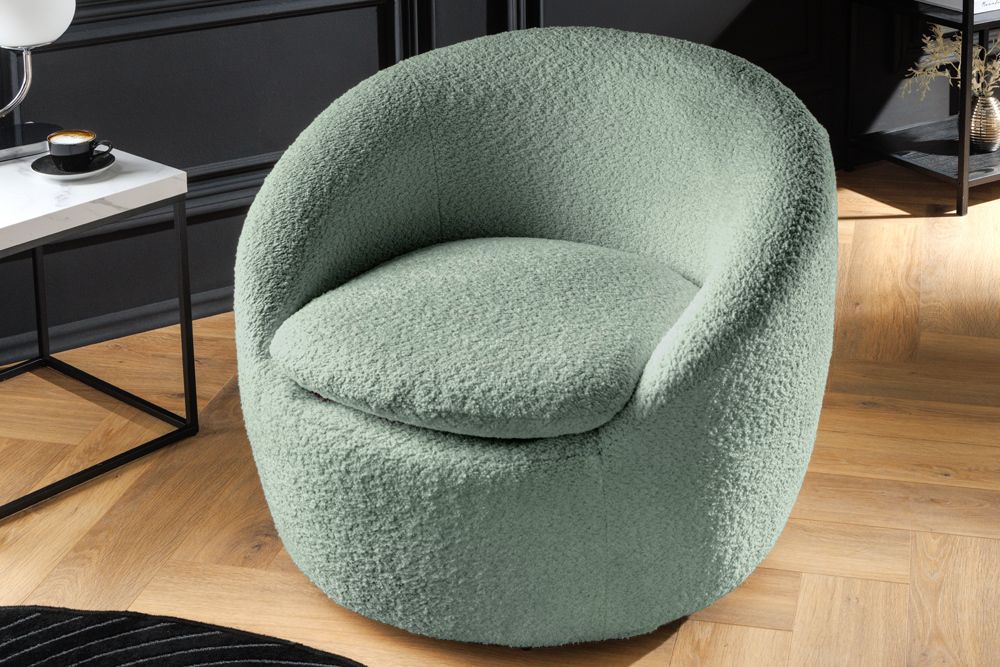 Drehbarer Design Sessel ALPINE salbei Bouclé 360° mit Armlehnen