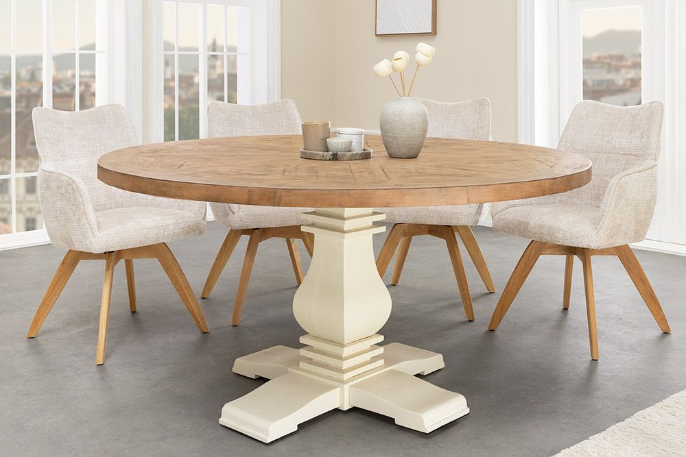 Runder Esstisch HAMPTONS 140cm hellbraun creme recycelte Pinie Massivholz