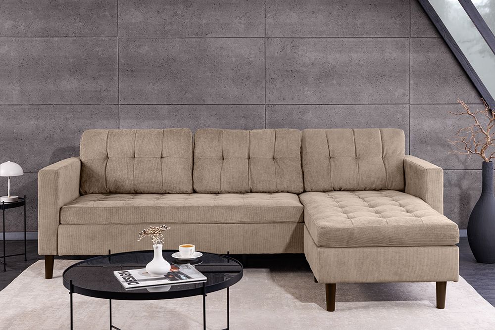 Retro Ecksofa STOCKHOLM 220cm taupe Cord Federkern 3-Sitzer