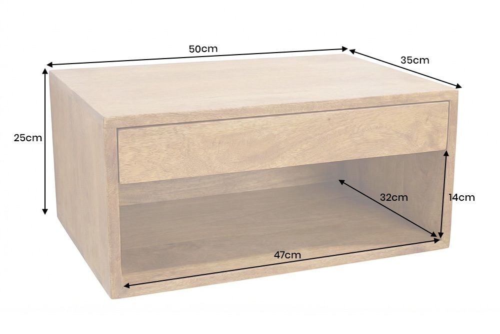 Hängender Nachttisch PURE 50cm braun Mangoholz honey finish Wandregal Schublade