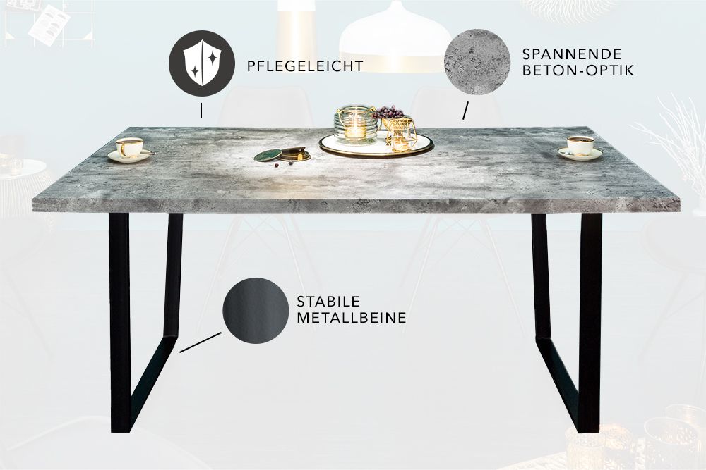 Moderner Esstisch LOFT 160cm grau Beton-Design schwarze Metallbeine Kufengestell Industrial