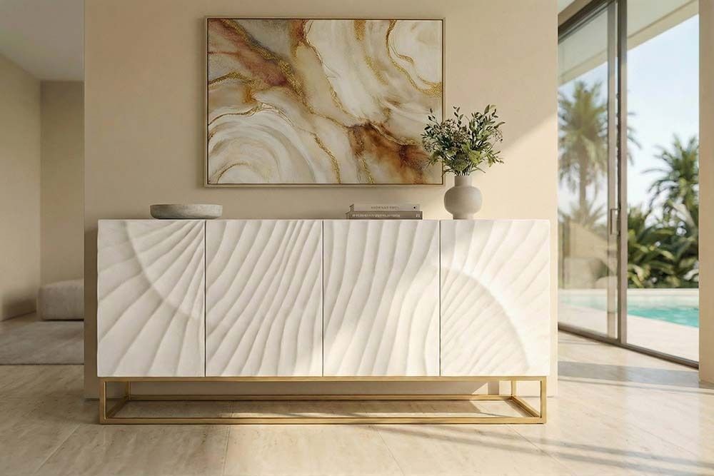 Massives Sideboard SCORPION 180cm weiß Mangoholz gold Metall 3D-Schnitzereien