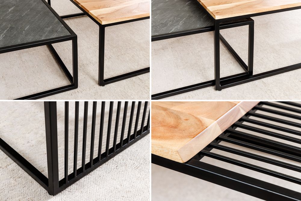 2er Set Couchtische ARCHITECTURE 90cm natur Akazienholz schwarz Steinfurnier Metall