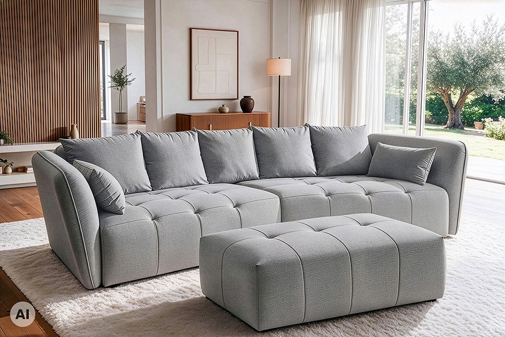 Moderner Hocker ROYAL 120cm grau Veloursstoff Federkern Sitzhocker