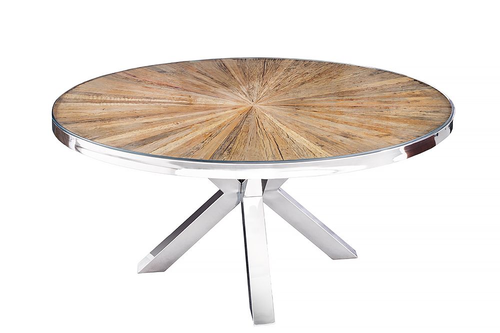 Runder Esstisch BARRACUDA 120cm braun Teak Massivholz Glasplatte silber Edelstahl verchromt