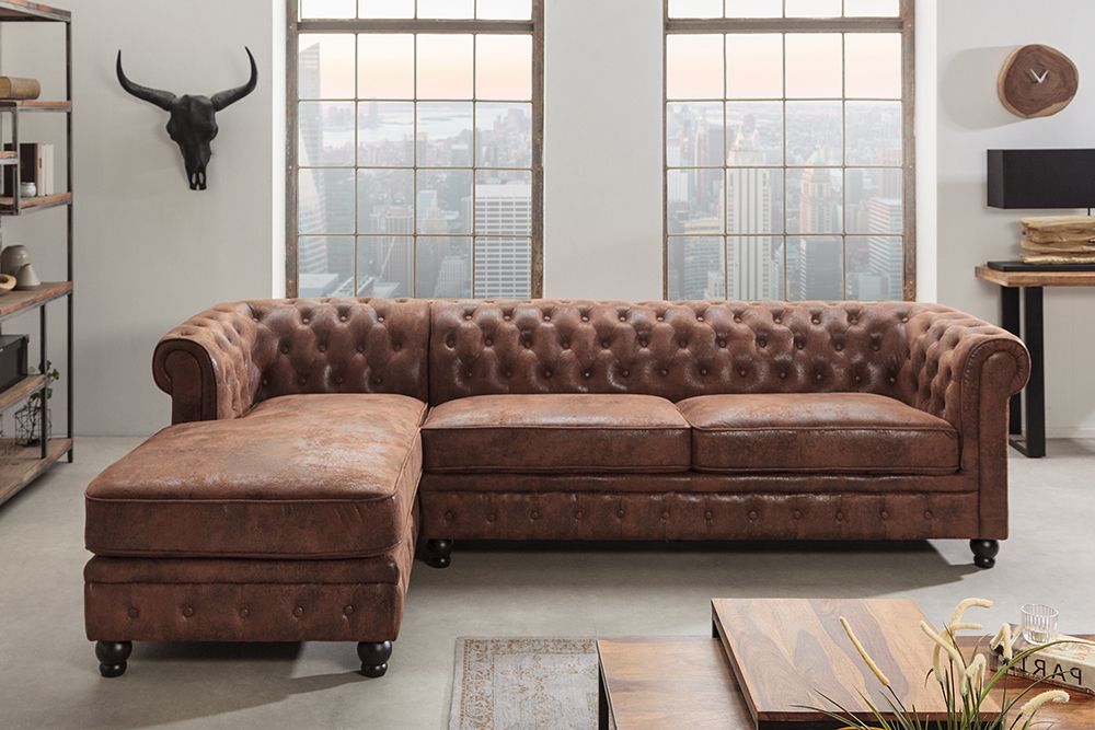 Design Ecksofa CHESTERFIELD 270cm antik braun Microfaser Federkern Ottomane links Vintage