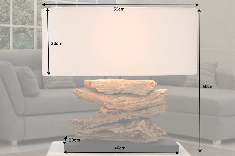 Handgearbeitete Treibholz Lampe RIVERINE 55cm creme Leinenschirm Tischleuchte