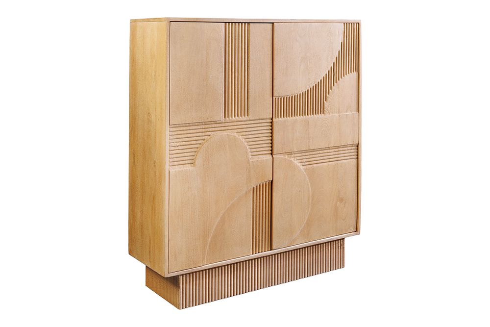 Design Highboard ART DECO 120cm weiß gekälkt Mangoholz massiv 3D Front