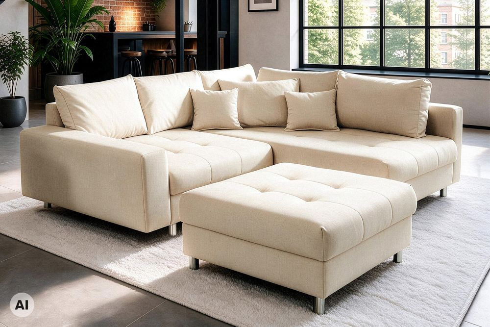 Moderne Wohnlandschaft KENT 220cm champagner beige Vogue Velours Samt Federkern mit Hocker