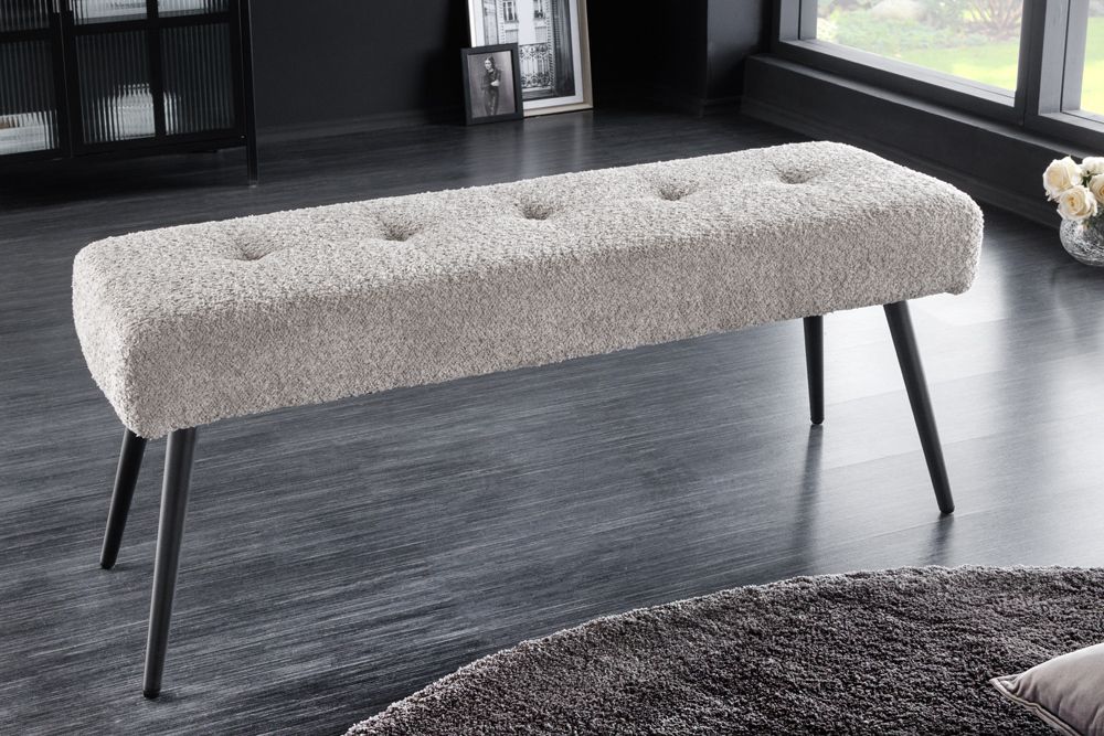 Design Sitzbank BOUTIQUE 100cm champagner greige Bouclé schwarze Metallbeine Polsterbank