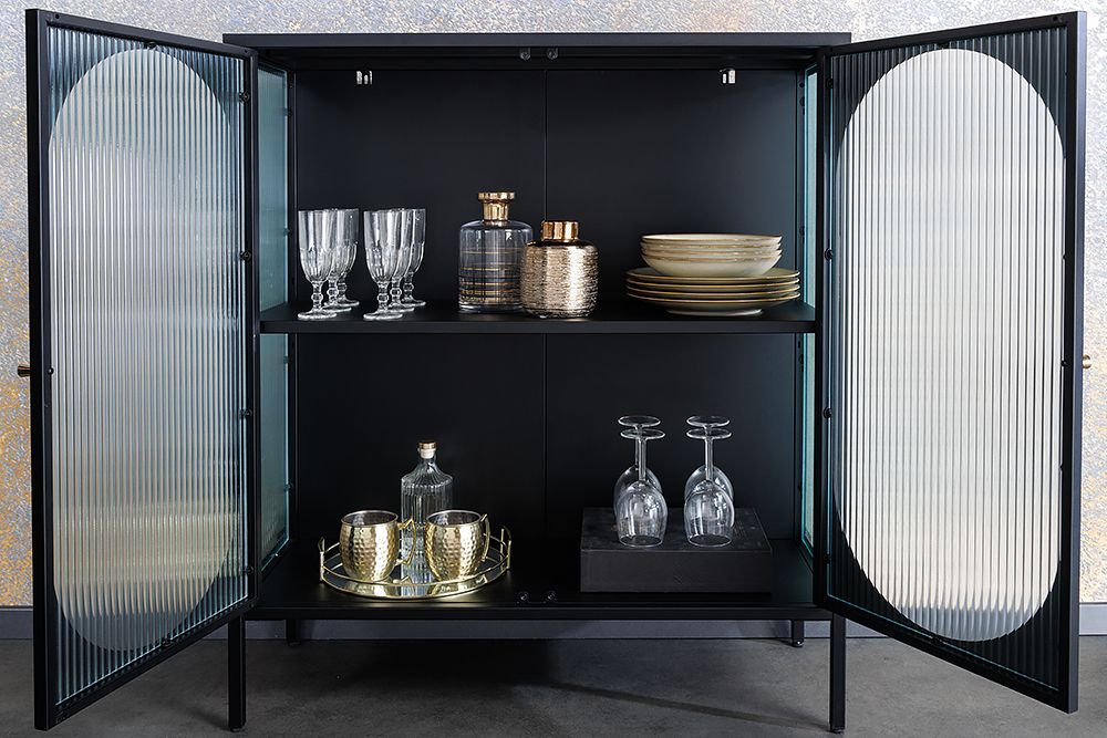 Moderne Vitrine PARIS 110cm schwarz gold Riffelglas Metall Sideboard Schrank
