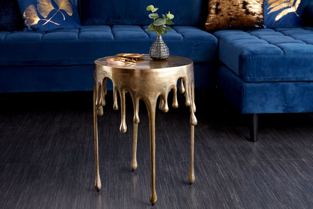 Extravaganter Beistelltisch LIQUID LINE 50cm gold Tropfen-Design Metall Aluminium rund