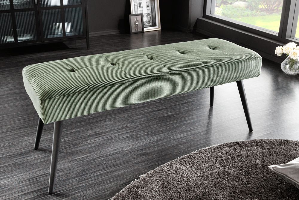 Design Sitzbank BOUTIQUE 100cm grün Cord schwarze Metallbeine