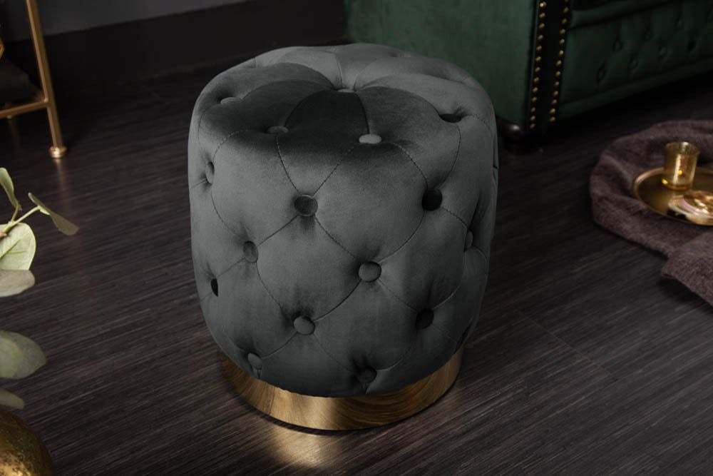 Design Hocker MODERN BAROCK 40cm schwarz gold Samt Chesterfield