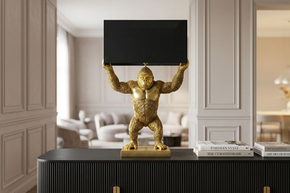 Handgefertigte Tischlampe KING APE 70cm schwarz gold Stoffschirm Affen-Skulptur