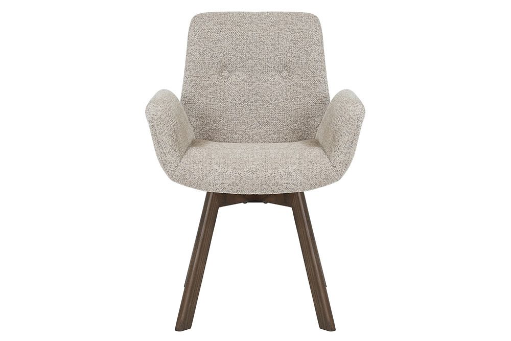 Drehbarer Design Stuhl BALTIC taupe Bouclé Tweed Soft Eiche Massivholz Walnuss