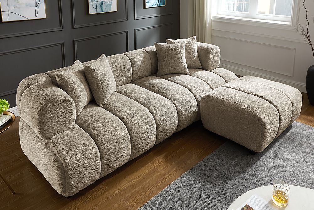 Moderner Hocker ADLON 100cm champagner greige Bouclé Federkern Fußhocker Sitzhocker