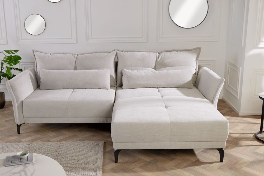 Modernes Ecksofa DESIGNO 250cm champagner beige Cord Couch inklusive Kissen Metallfüße