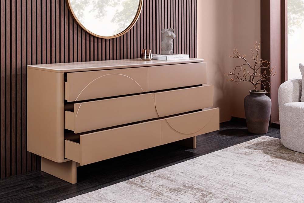 Design Sideboard SAVOY 150cm grau beige greige Keramik Travertin mit sechs Schubladen