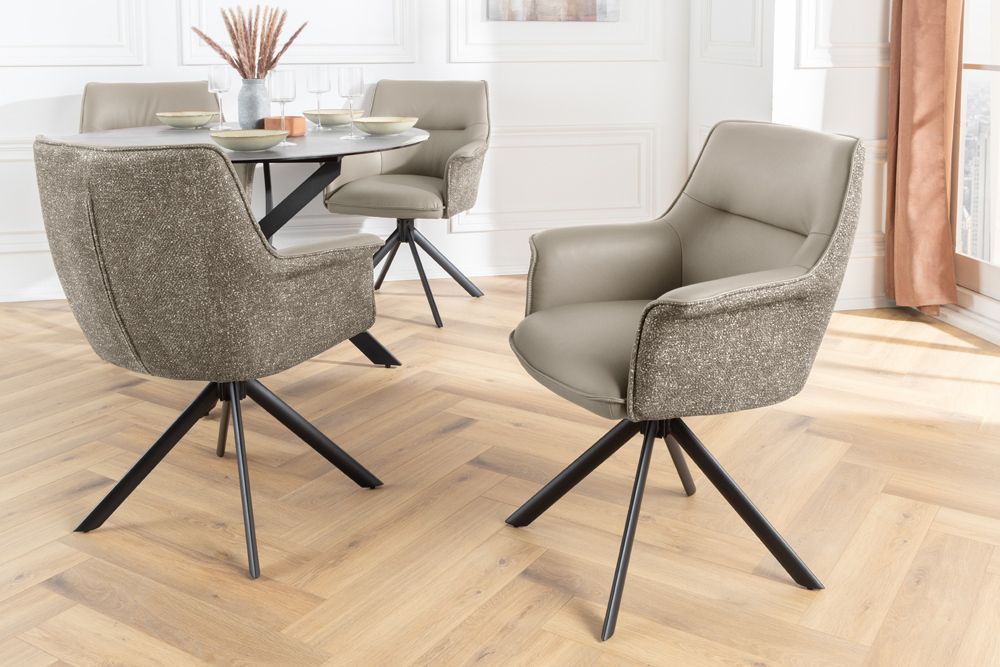 Drehbarer Stuhl LE GRAND taupe Echtleder Strukturstoff schwarzes Metallgestell