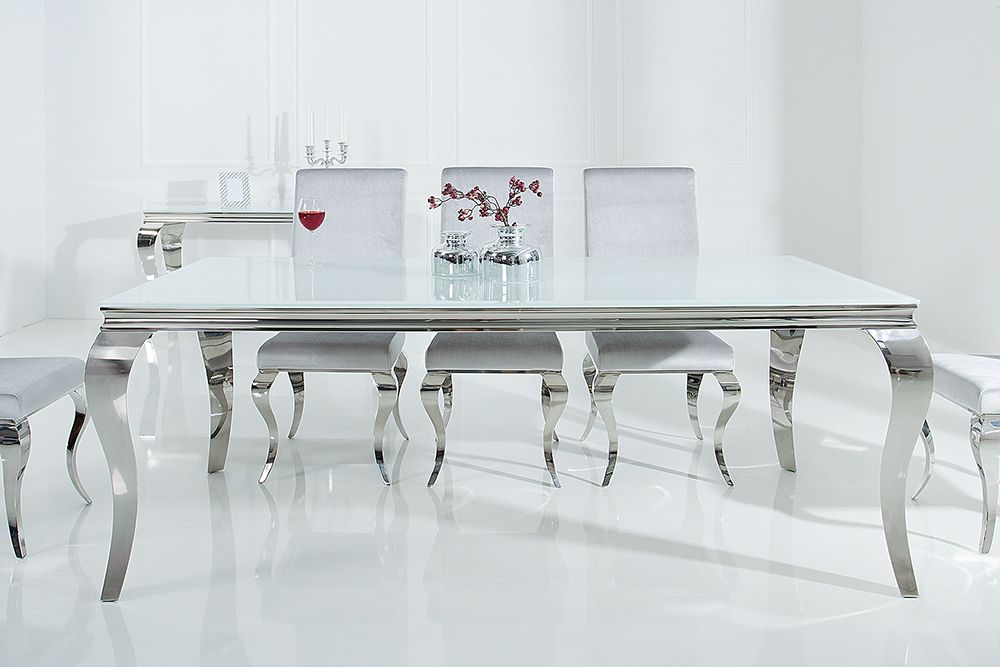 Design Esstisch MODERN BAROCK 200cm weiß Opalglas Tischplatte Edelstahl