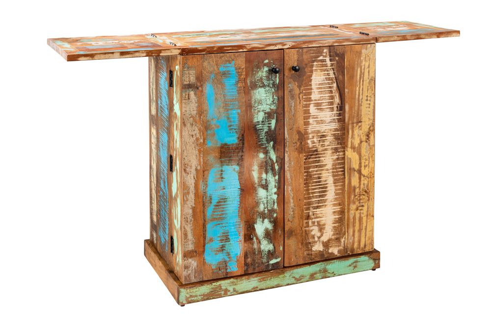 Einzigartiger Barschrank JAKARTA 100cm natur bunt recyceltes Massivholz aus Fischerbooten
