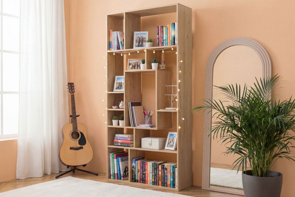 Massives Bücherregal CUBUS 180cm natur Mangoholz cream finish elf Fächer