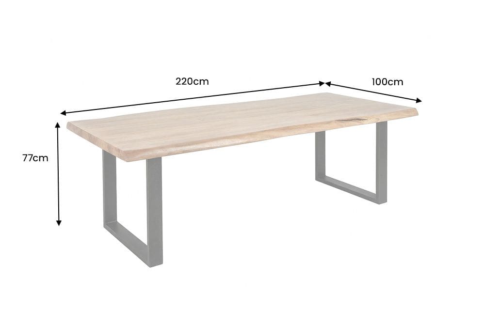 Massiver Esstisch MAMMUT 220cm natur Akazie U-Gestell schwarz Baumkante 5cm Tischplatte