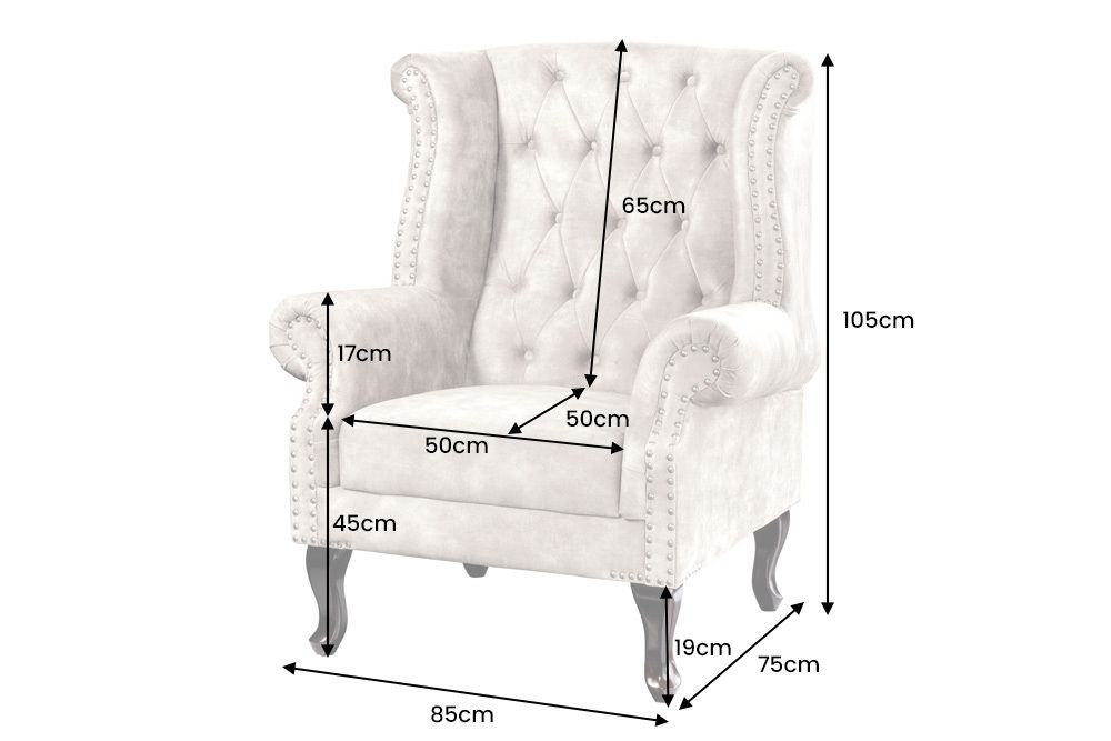 Design Ohrensessel CHESTERFIELD 105cm champagner beige Samt silber Ziernieten