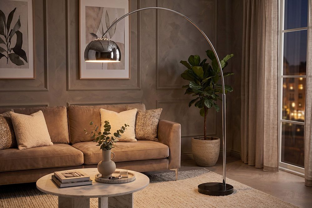 Ausziehbare Bogenlampe LOUNGE DEAL 170-210cm chrom Marmorfuß Stehlampe