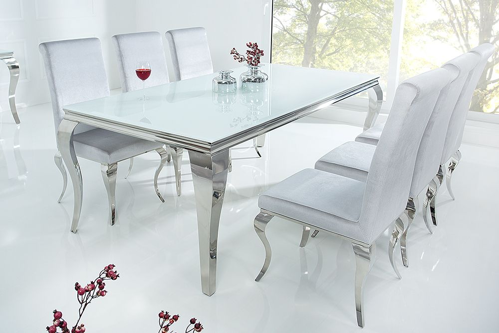 Design Esstisch MODERN BAROCK 200cm weiß Opalglas Tischplatte Edelstahl
