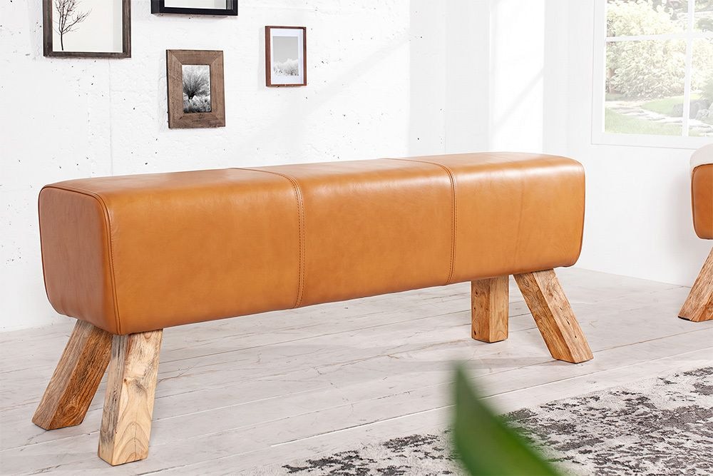 Design Sitzbank TURNBOCK 120cm cognac braun mit Echtleder-Bezug Sitzhocker