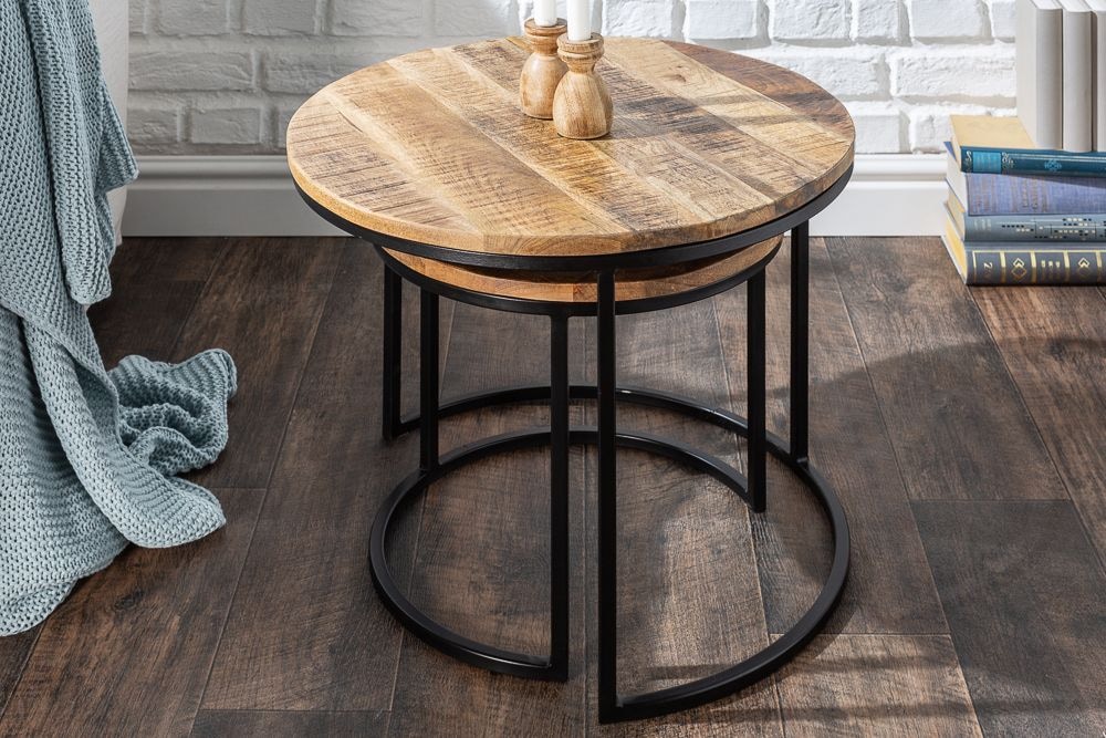 Industrial 2er Set Beistelltische ELEMENTS 60cm Mangoholz massiv rund schwarzes Metallgestell