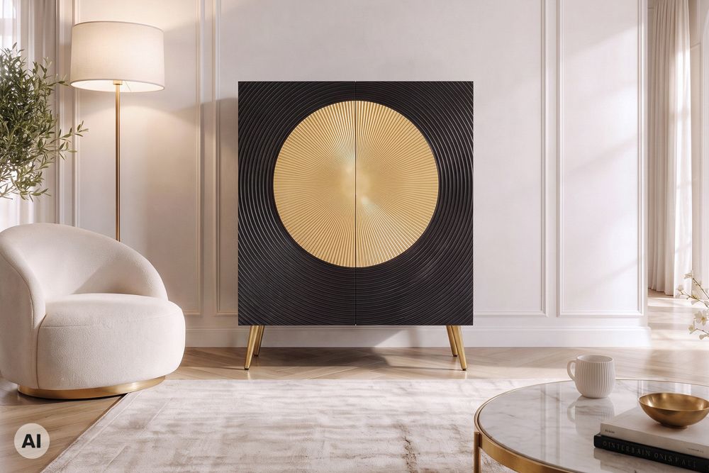 Massives Highboard AURUM 120cm schwarz Mangoholz mit ikonischem Gold-Element