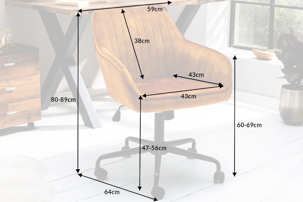 Höhenverstellbarer Bürostuhl TURIN senfgelb Samt mit Armlehne Drehstuhl