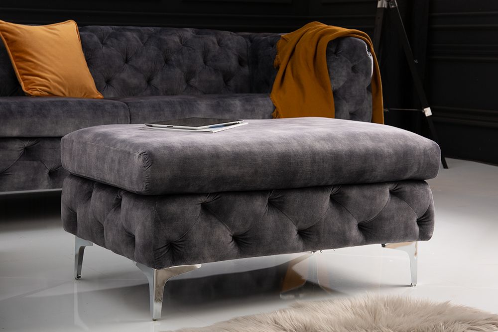 Chesterfield Hocker MODERN BAROCK 90cm dunkelgrau Samt Sitzhocker Fußhocker