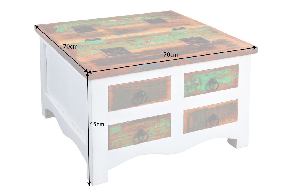 Massiver Couchtisch JAKARTA 70cm weiß bunt Holz Truhe aus recycelten Fischerbooten mit Schubladen