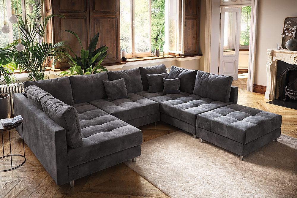 Moderne XXL Wohnlandschaft KENT 305cm grau Samt Bigsofa inkl. Hocker Federkern