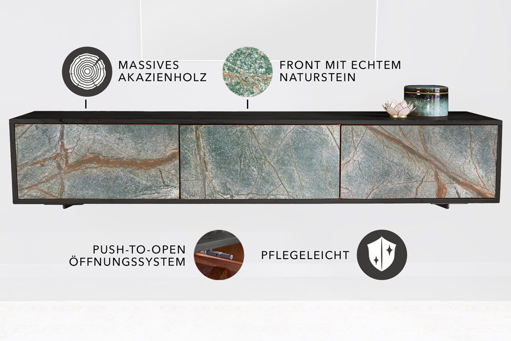 Massivholz TV Lowboard MOUNTAIN SOUL 160cm schwarz hängend echter Naturstein Akazie