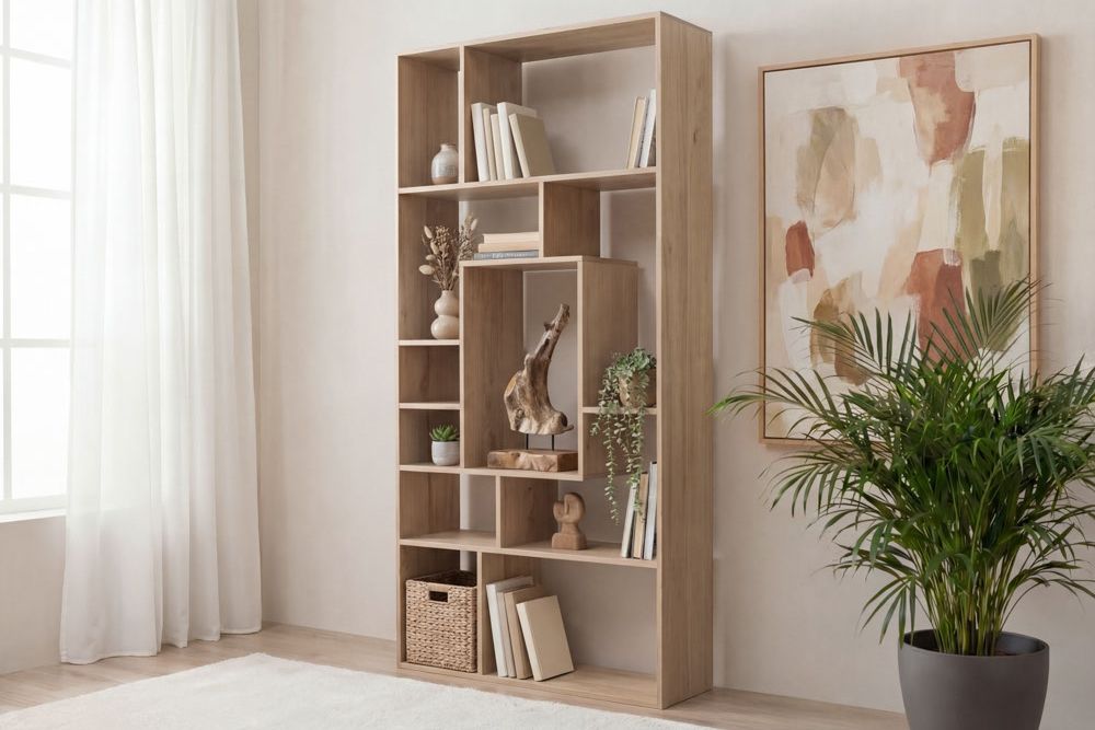Massives Bücherregal CUBUS 180cm natur Mangoholz cream finish elf Fächer