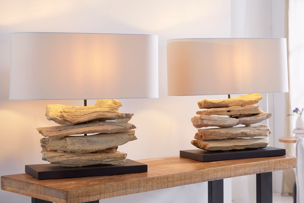 Handgearbeitete Treibholz Lampe RIVERINE 55cm creme Leinenschirm Tischleuchte