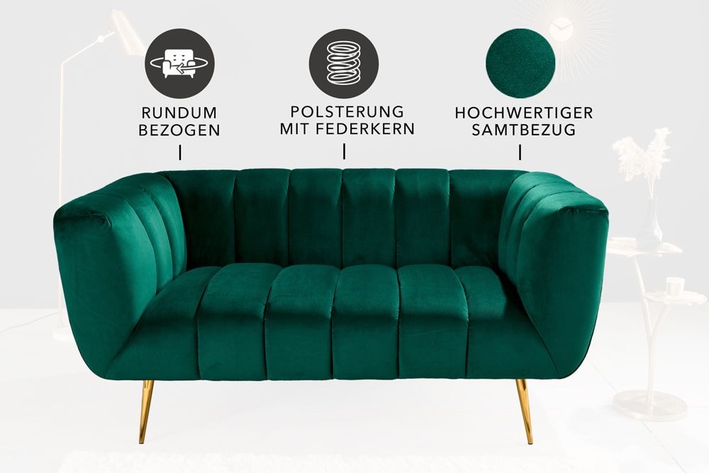 Design 2-Sitzer Sofa NOBLESSE 165cm smaragdgrün Samt Federkern goldene Metallfüße
