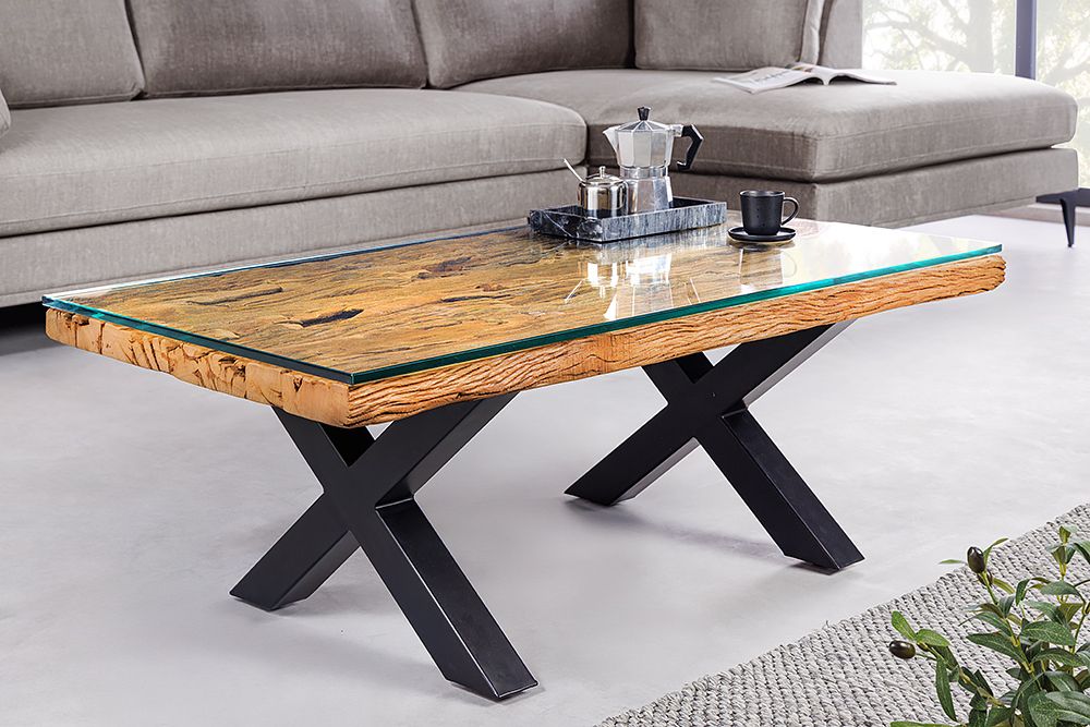 Massiver Couchtisch BARRACUDA 110cm antik natur Teakholz X-Gestell Glasplatte