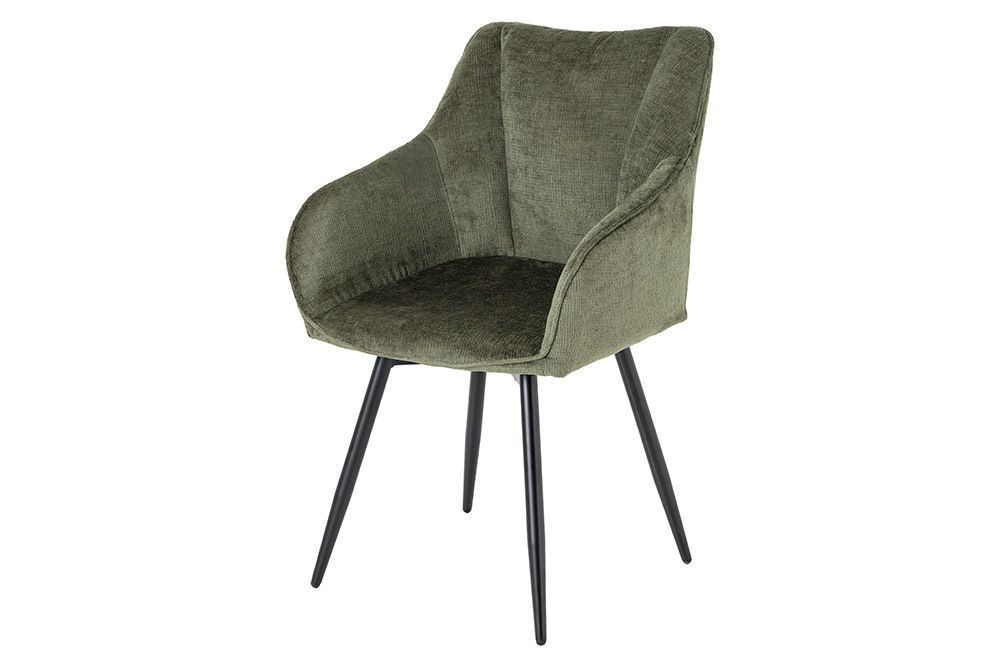 Drehbarer Retro Stuhl AVIGNON grün Chenille schwarze Metallbeine