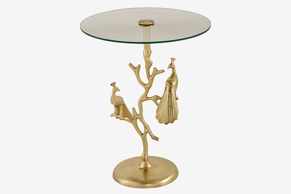 Runder Beistelltisch WILDLIFE PEACOCK 60cm gold Glasplatte Metall Pfauen-Skulptur