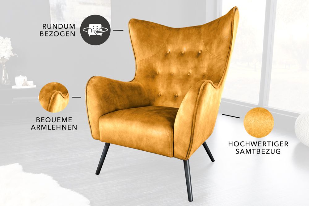 Design XL Sessel AMSTERDAM senfgelb Samt schwarze Metallbeine Retro Stil