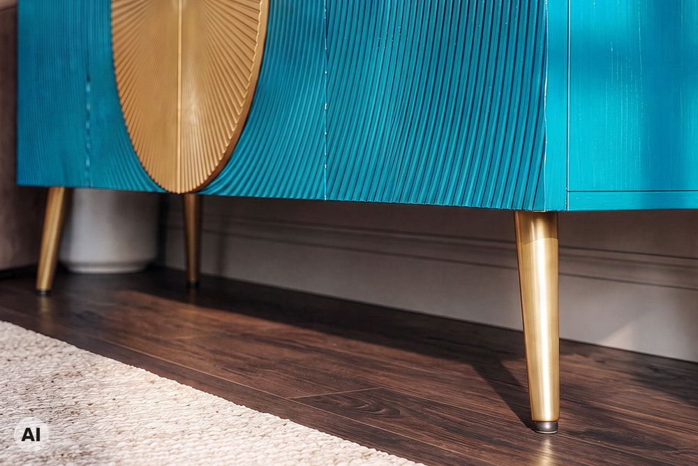 Massives Sideboard AURUM 180cm türkis Mangoholz mit ikonischem Gold-Element