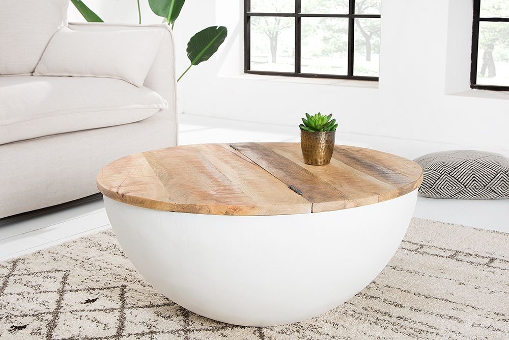 Runder Couchtisch INDUSTRIAL STORAGE 70cm weiß natur Massivholz mit Stauraum handmade » Jetzt kaufen